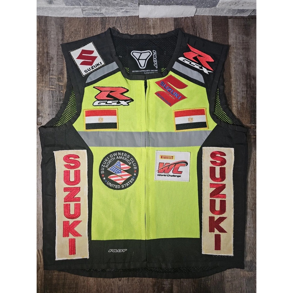 Pilot Motorsport Motorcycle Hi-Vis Vest Suzuki GSX Egyptian Flag Patchwork Small